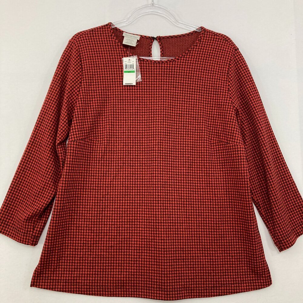 New Van Heusen Large Black Red Gingham Preppy Stretch Knit 3/4 Sleeve Top Office